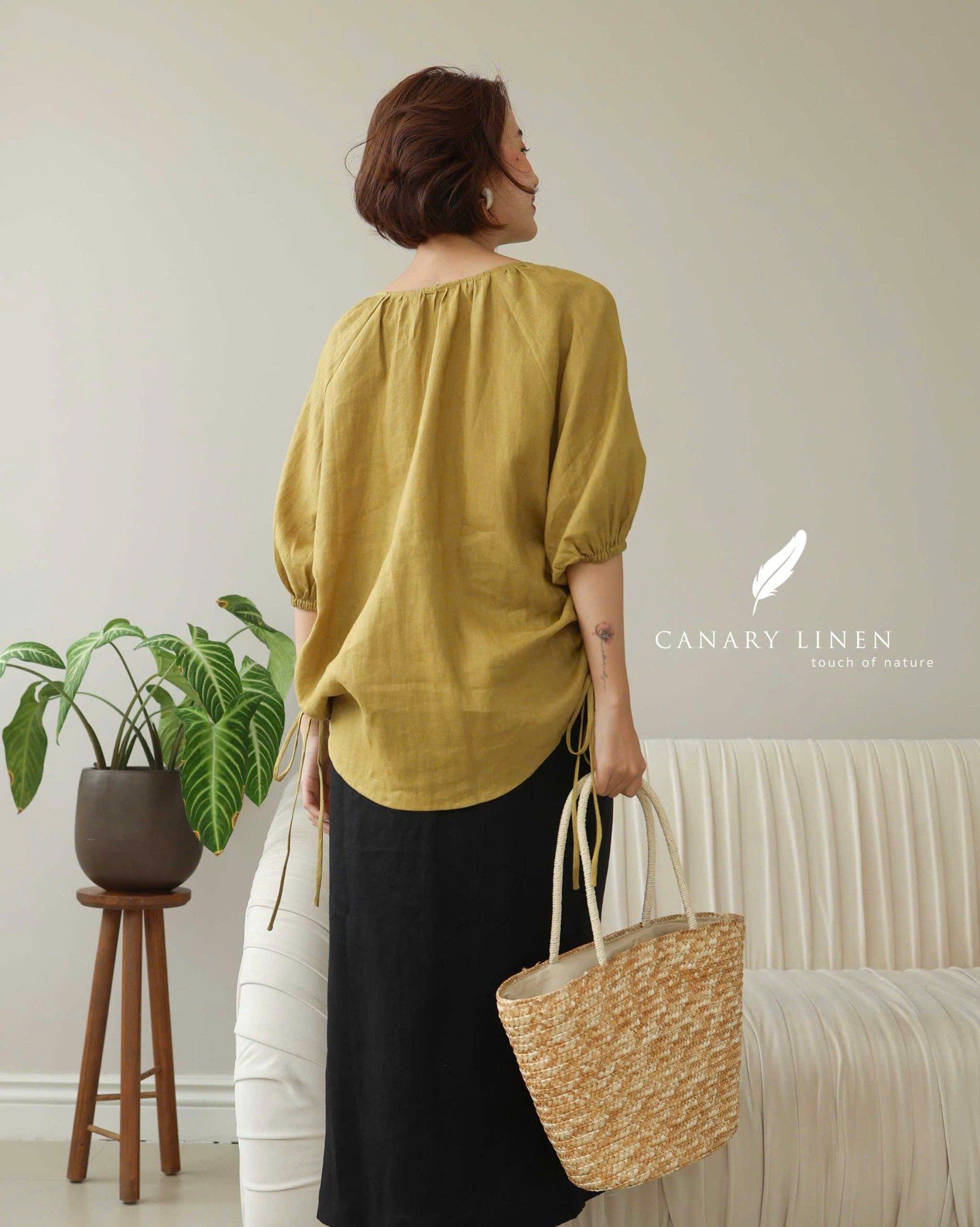  Áo cổ nhún dây rút - Vàng Olive 