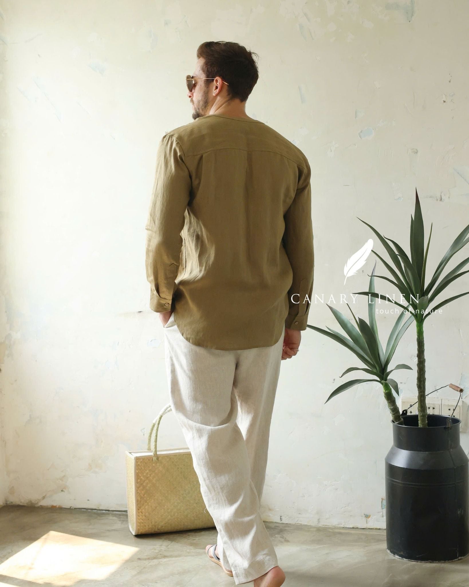  Áo sơ mi cổ trụ - Xanh rêu 