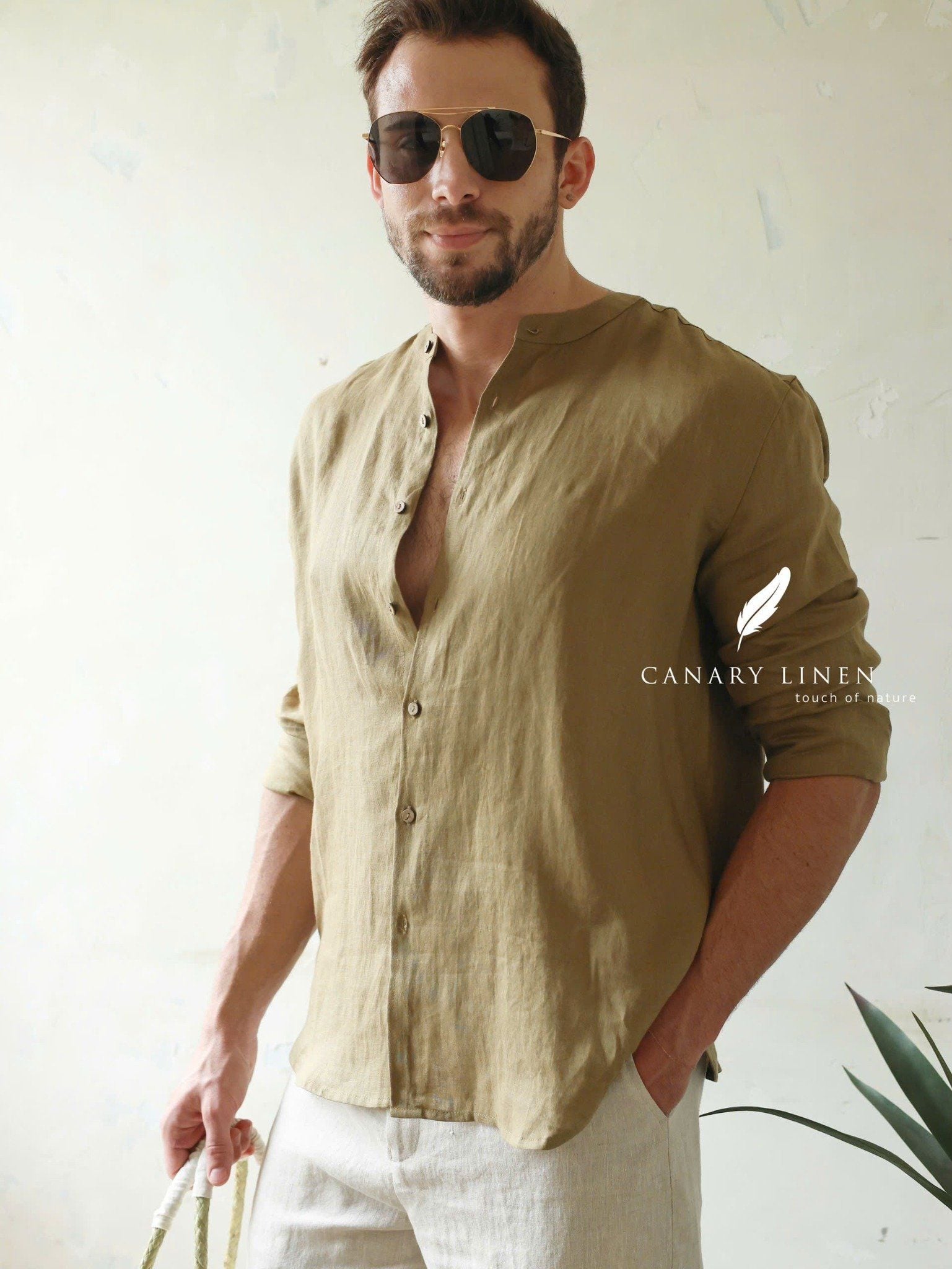  Áo sơ mi cổ trụ - Xanh rêu 