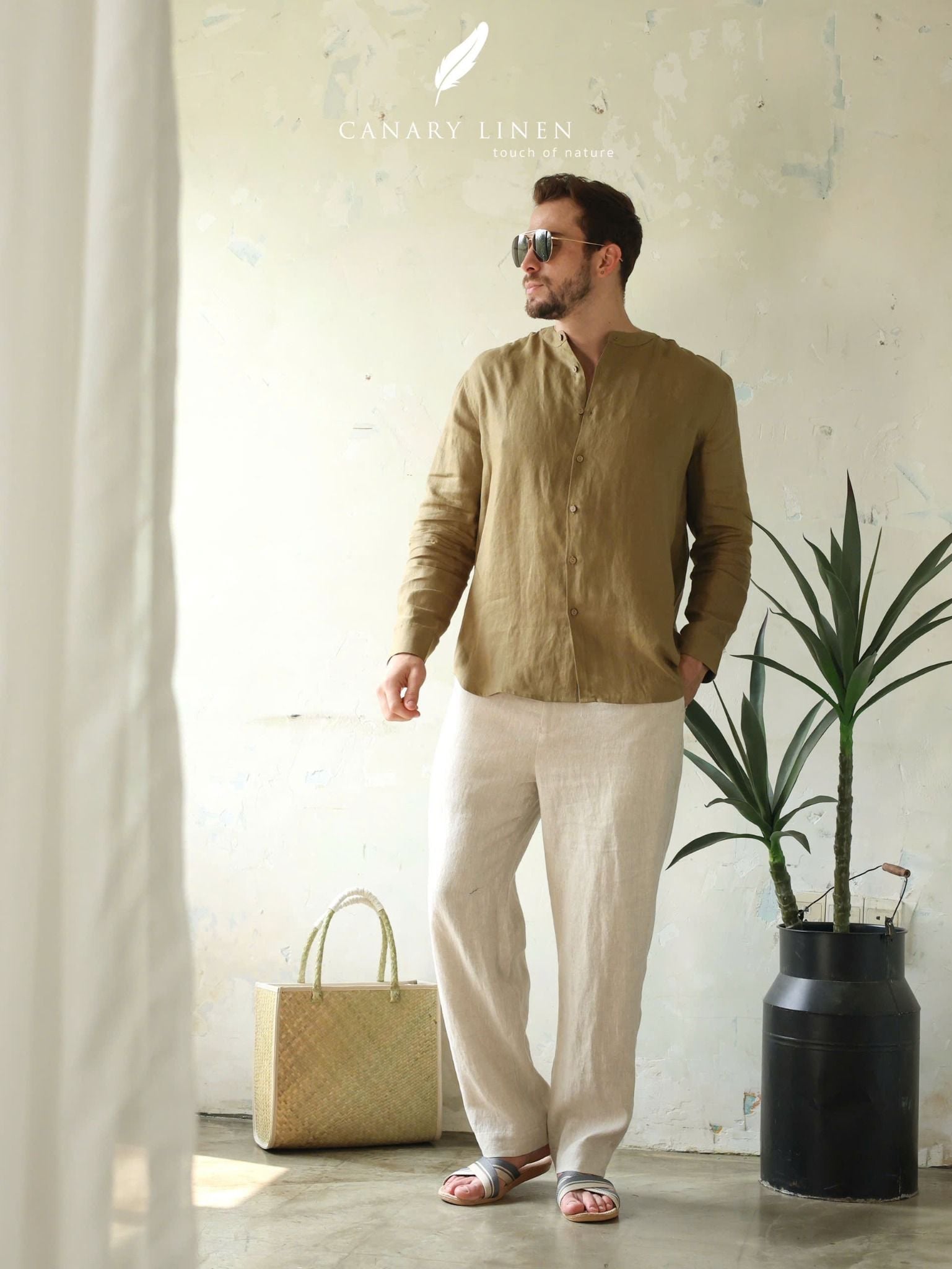  Áo sơ mi cổ trụ - Xanh rêu 