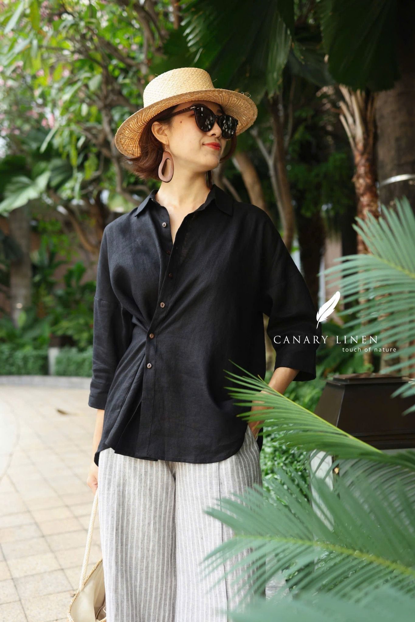  Áo sơ mi nút cài eo - Đen 