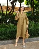  Đầm cổ tàu xếp li - Olive nhạt 