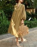 Đầm cổ tàu xếp li - Olive nhạt 