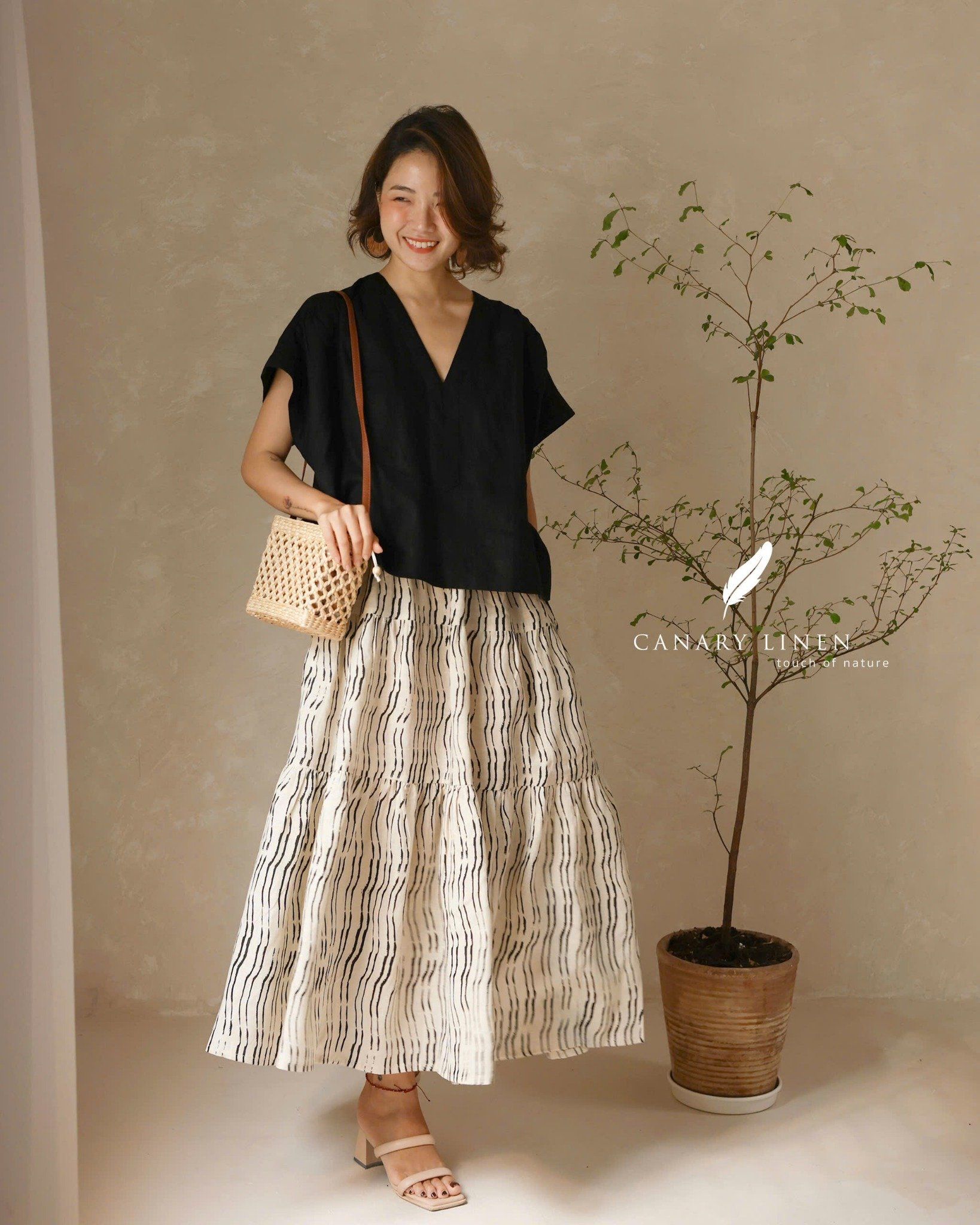  Tiered Maxi Skirt - Họa tiết kem - Freesize 