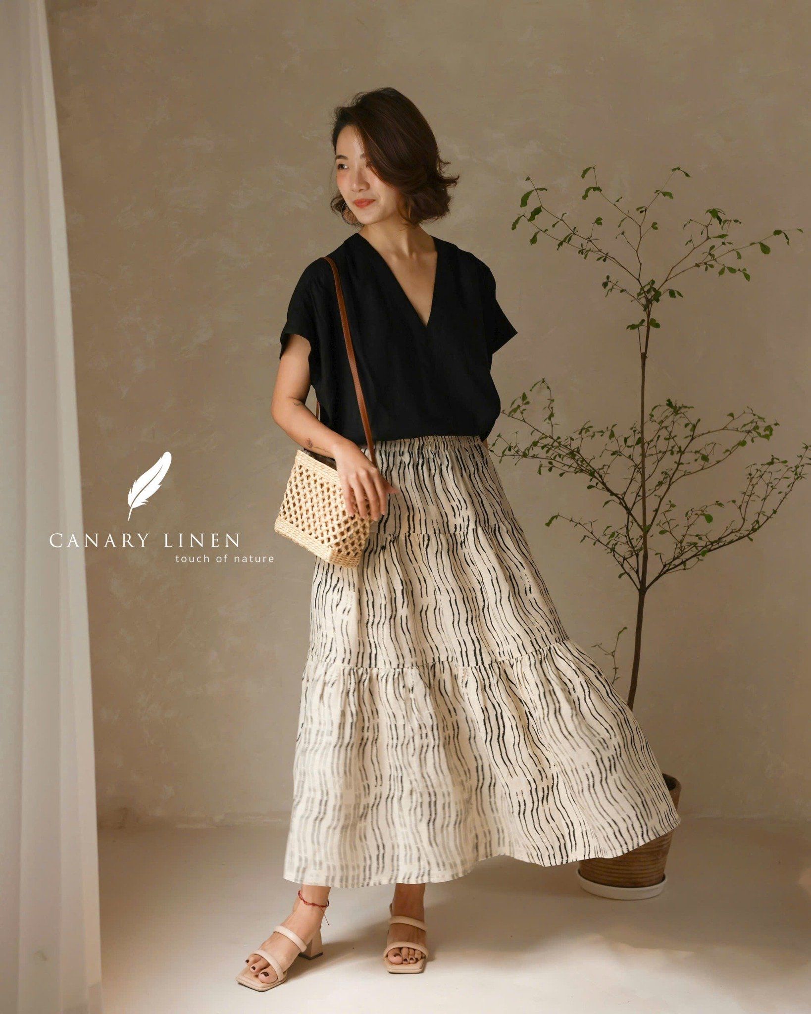  Tiered Maxi Skirt - Họa tiết kem - Freesize 