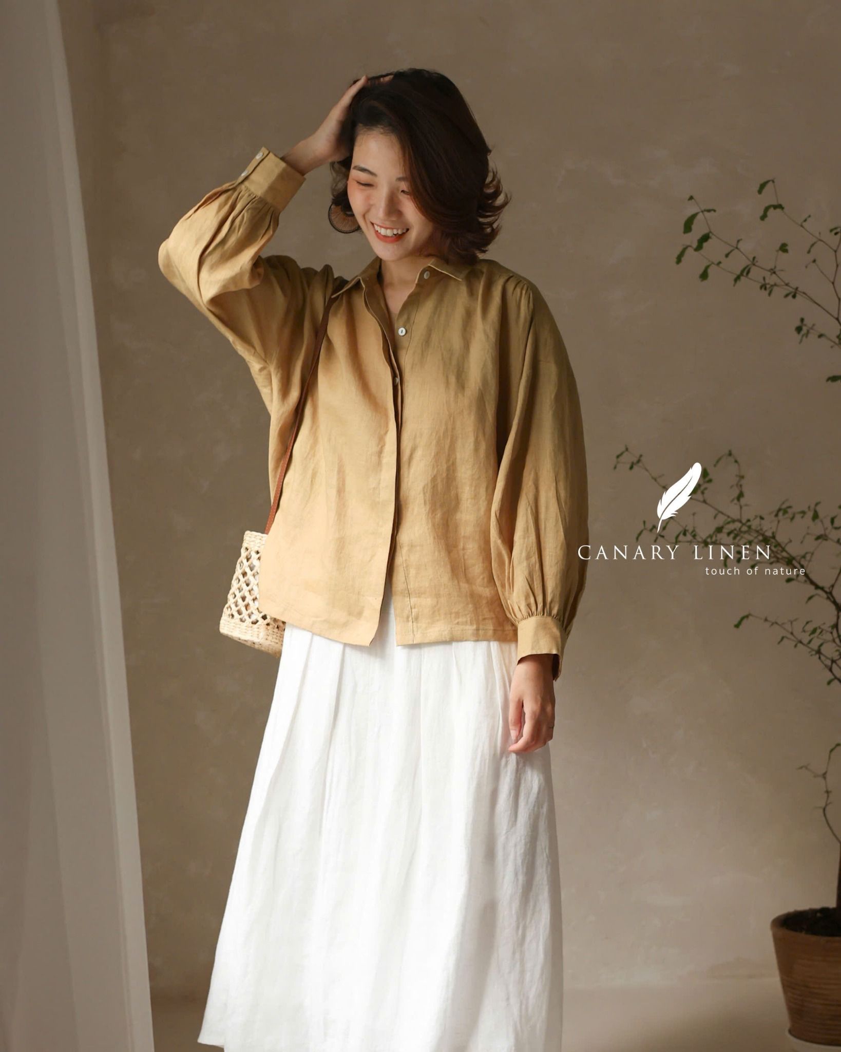  Áo sơ mi tay phồng - Vàng gừng 