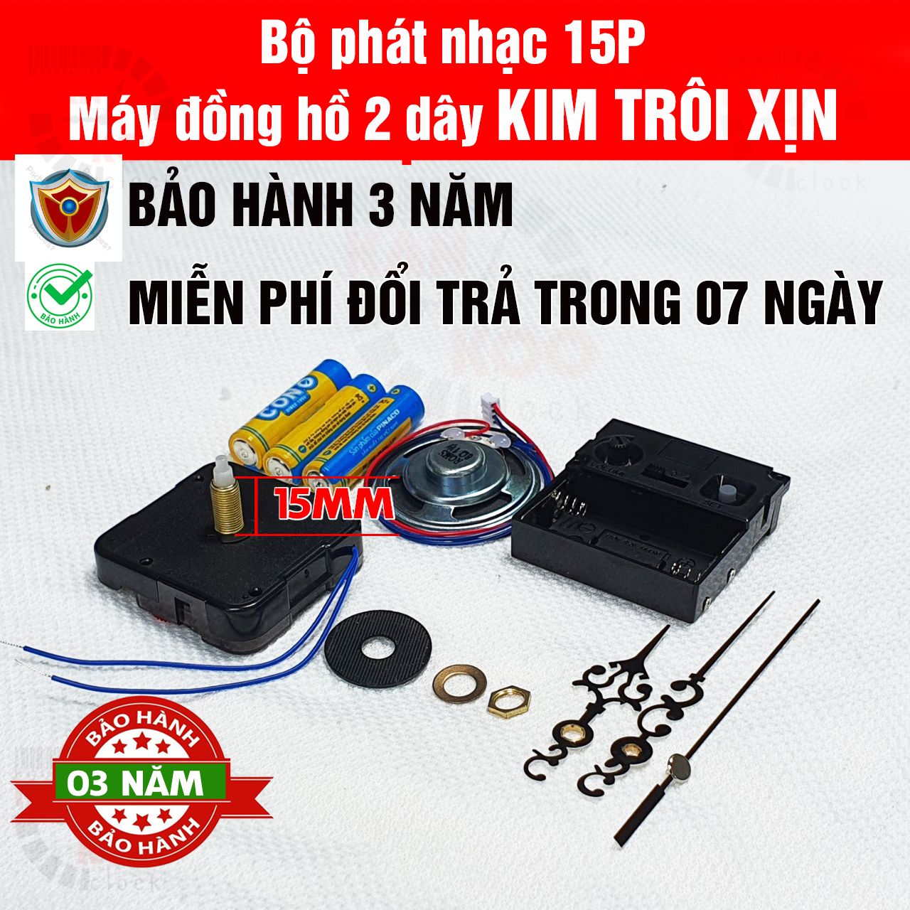  Bộ máy phát nhạc chuông-điểm giờ kèm máy đồng hồ treo tường KIM TRÔI TRỤC DÀI 15MM - loại XỊN 12888 bánh xe đỏ chính hãng Taiwan 