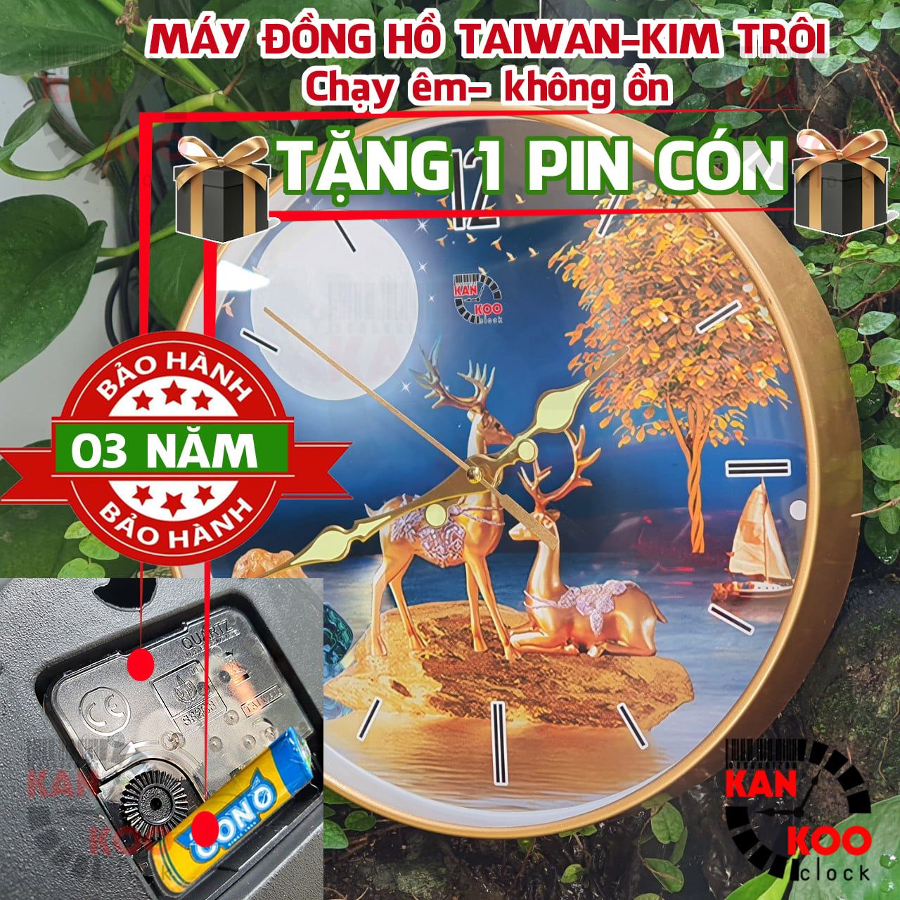  Đồng hồ treo tường viền mỏng, vàng đồng 30cm, KIM DẠ QUANG phát sáng lên đến 08 tiếng, máy kim trôi TAIWAN  bảo hành 03 NĂM 
