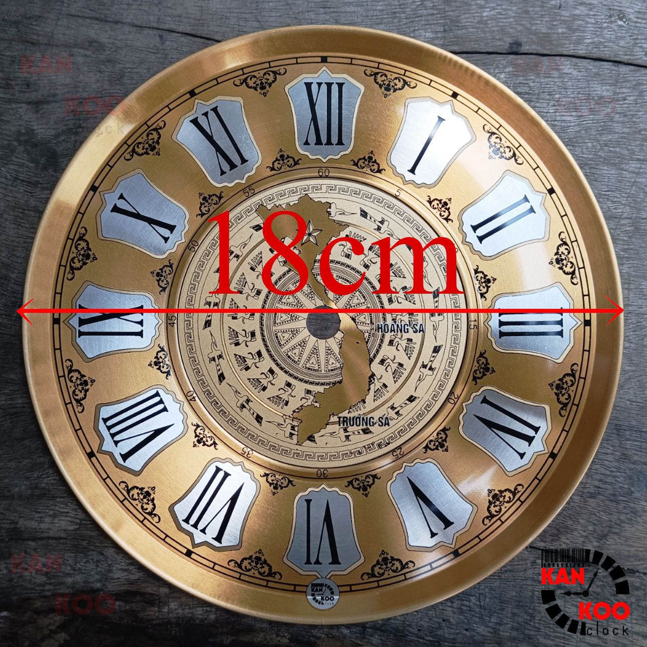 Mặt số đồng hồ treo tường nhôm dập nổi kiểu số La Mã in hình trống đồng đường kính 18cm 