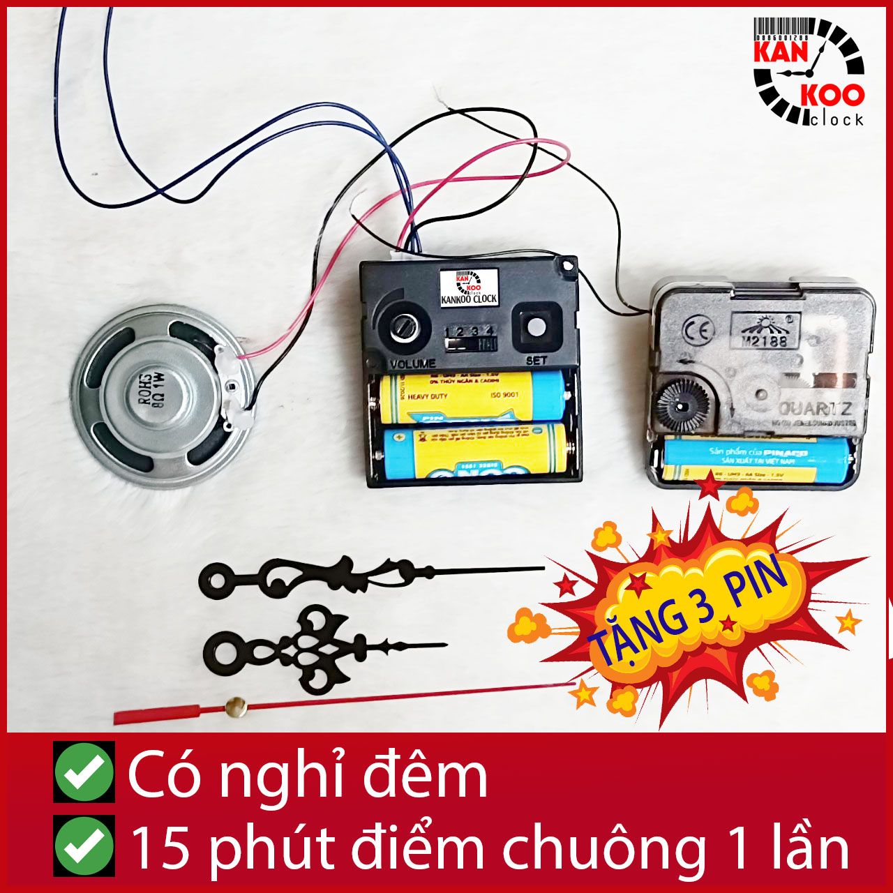  Bộ máy phát nhạc chuông điểm giờ cho đồng hồ treo tường có 2 chế độ phát: 15p điểm 1 lần và 60p 1 lần- 3 kiểu nhạc- có chế độ nghỉ đêm LOẠI 1 BẢO HÀNH CHÍNH HÃNG 24 THÁNG 