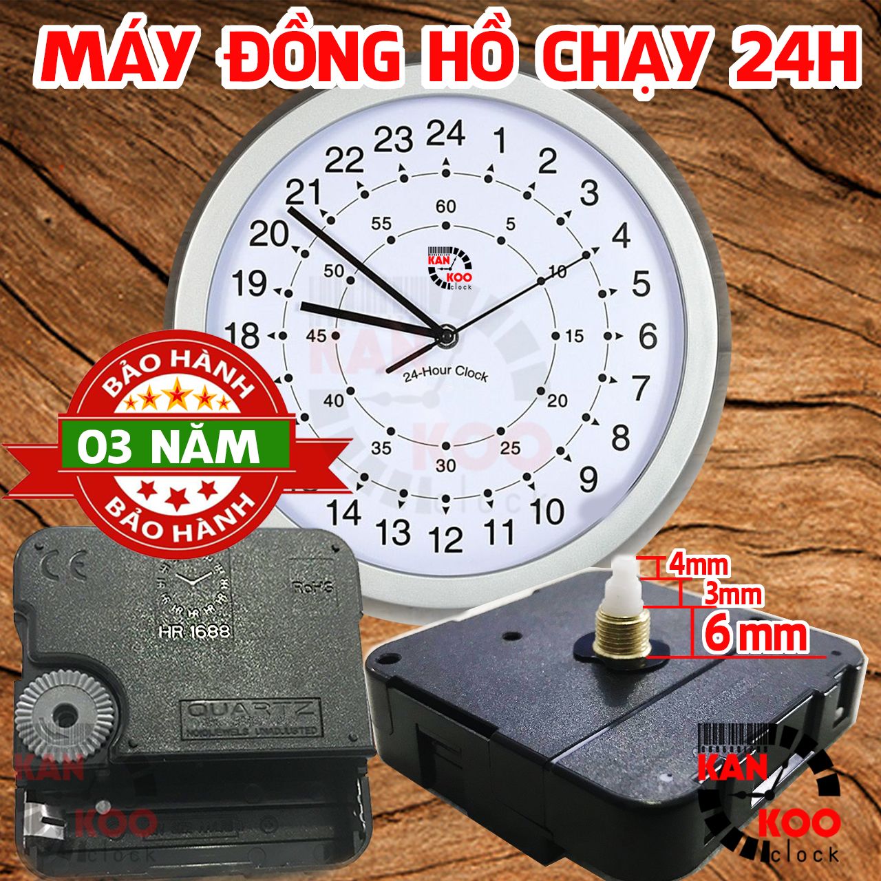  [HÀNG ĐỘC-LẠ] Máy đồng hồ treo tường CHẠY 24H- trục đồng dài 6mm  BẢO HÀNH 24 tháng- dùng cho đồng hồ treo tường cỡ 10cm đến 60cm 