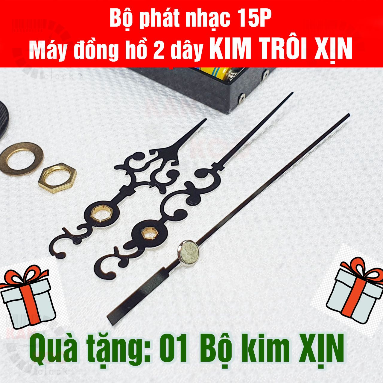  Máy đồng hồ treo tường KIM TRÔI 2 dây gắn chung bộ phát nhạc chuông, điểm giờ loại XỊN TRỤC DÀI 11mm- Mã số 12888 bánh xe đỏ 
