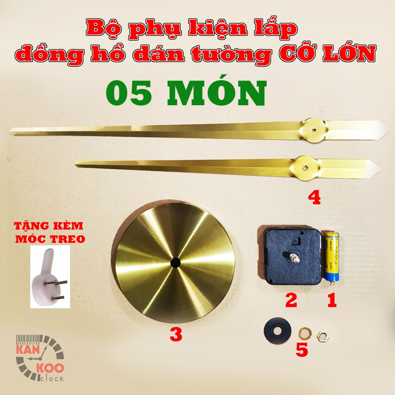  (COMBO- 08}- Bộ phụ kiện 05 MÓN lắp đồng hồ dán tường cỡ lớn 1.2 mét, đồng hồ dán tường 3Dcó kim phút 31.5cm tính từ tâm 