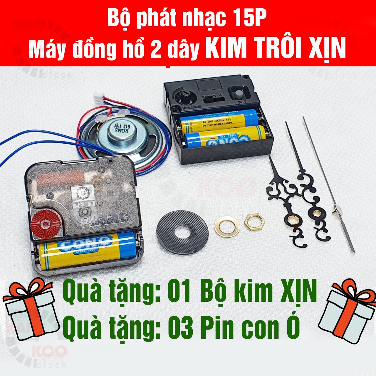  Bộ máy phát nhạc chuông-điểm giờ kèm máy đồng hồ treo tường KIM TRÔI CỐT DÀI loại XỊN 12888 bánh xe đỏ chính hãng Taiwan 