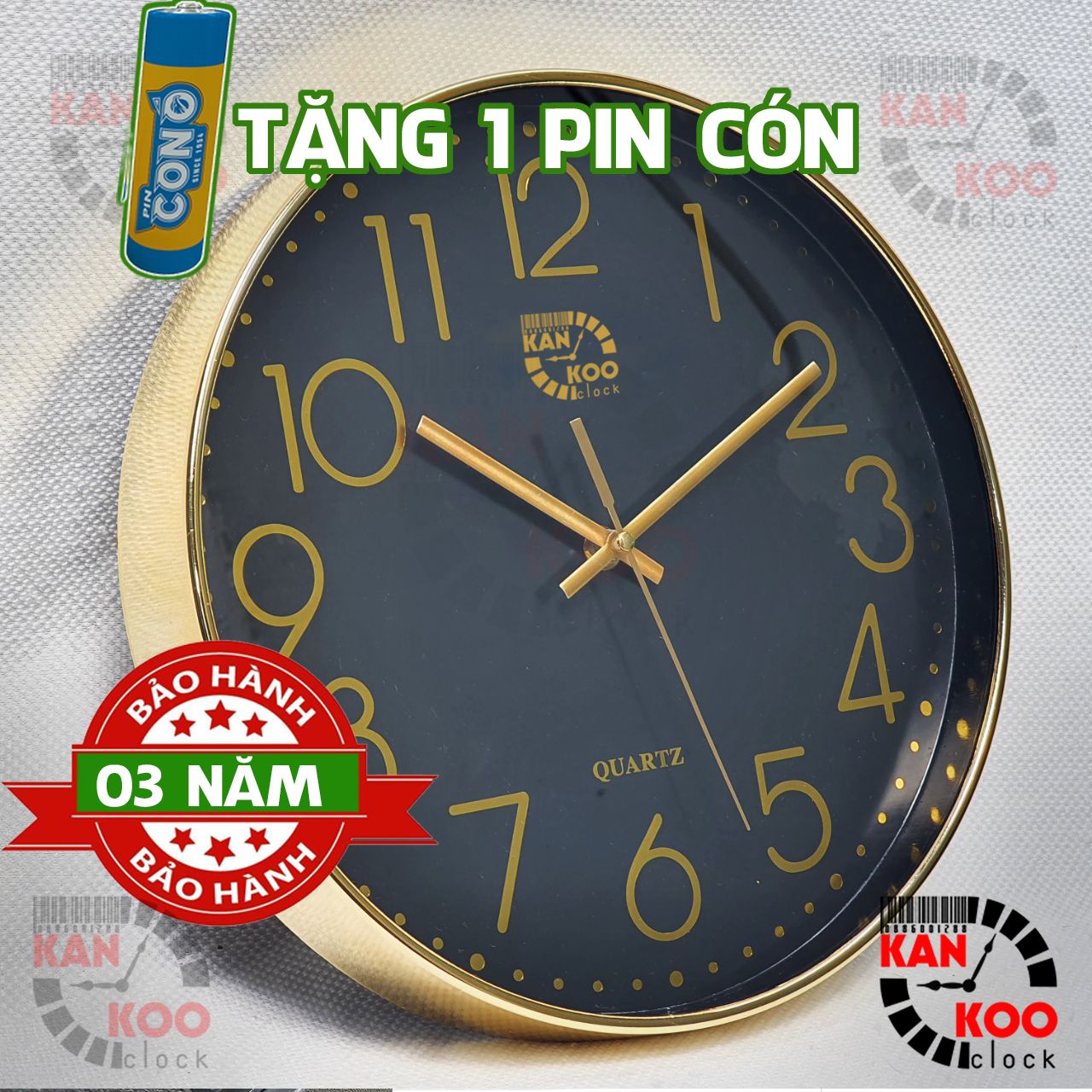  Đồng hồ treo tường 30cm viền XI VÀNG, máy kim trôi TAIWAN  bảo hành 03 NĂM 