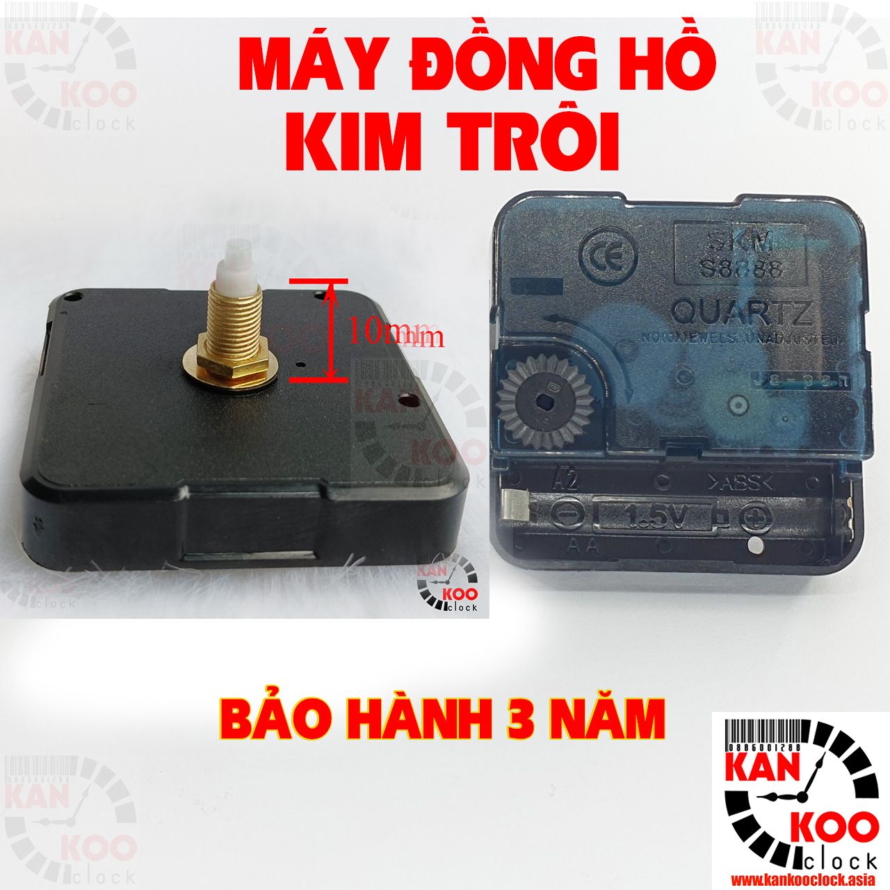  Máy đồng hồ treo tường kim trôi cốt dài 18mm (trục đồng dài 10mm) loại xin SKM8888 JAPAN 