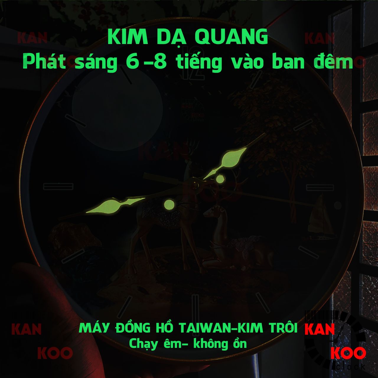  Đồng hồ treo tường viền mỏng, vàng đồng 30cm, KIM DẠ QUANG phát sáng lên đến 08 tiếng, máy kim trôi TAIWAN  bảo hành 03 NĂM 