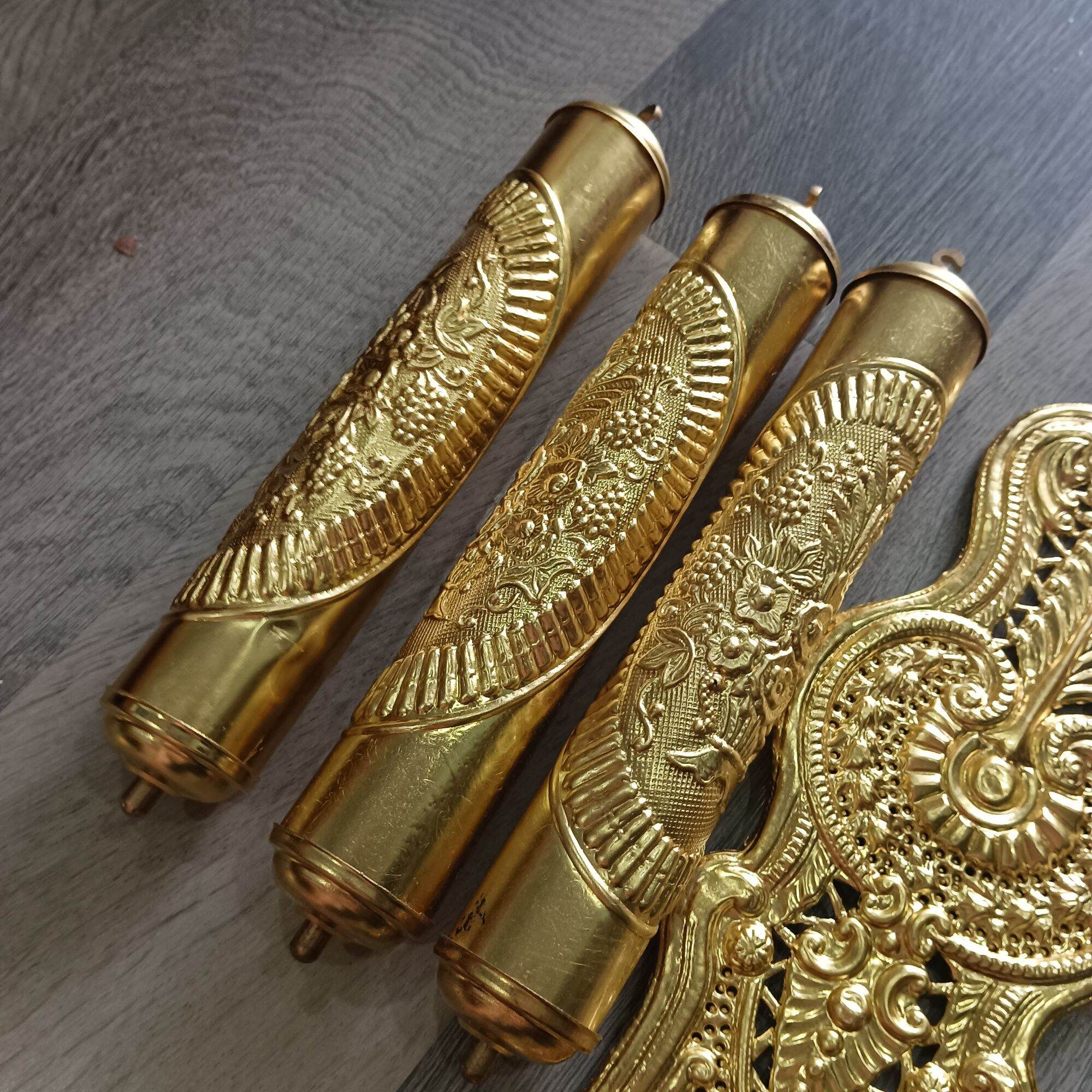  [COMBO 9 MÓN] Phụ kiện bằng đồng lắp đồng hồ tủ đứng, đồng hồ gỗ lũa cỡ lớn, mặt đồng đk 32cm, cây lắc đồng dài 90cm 