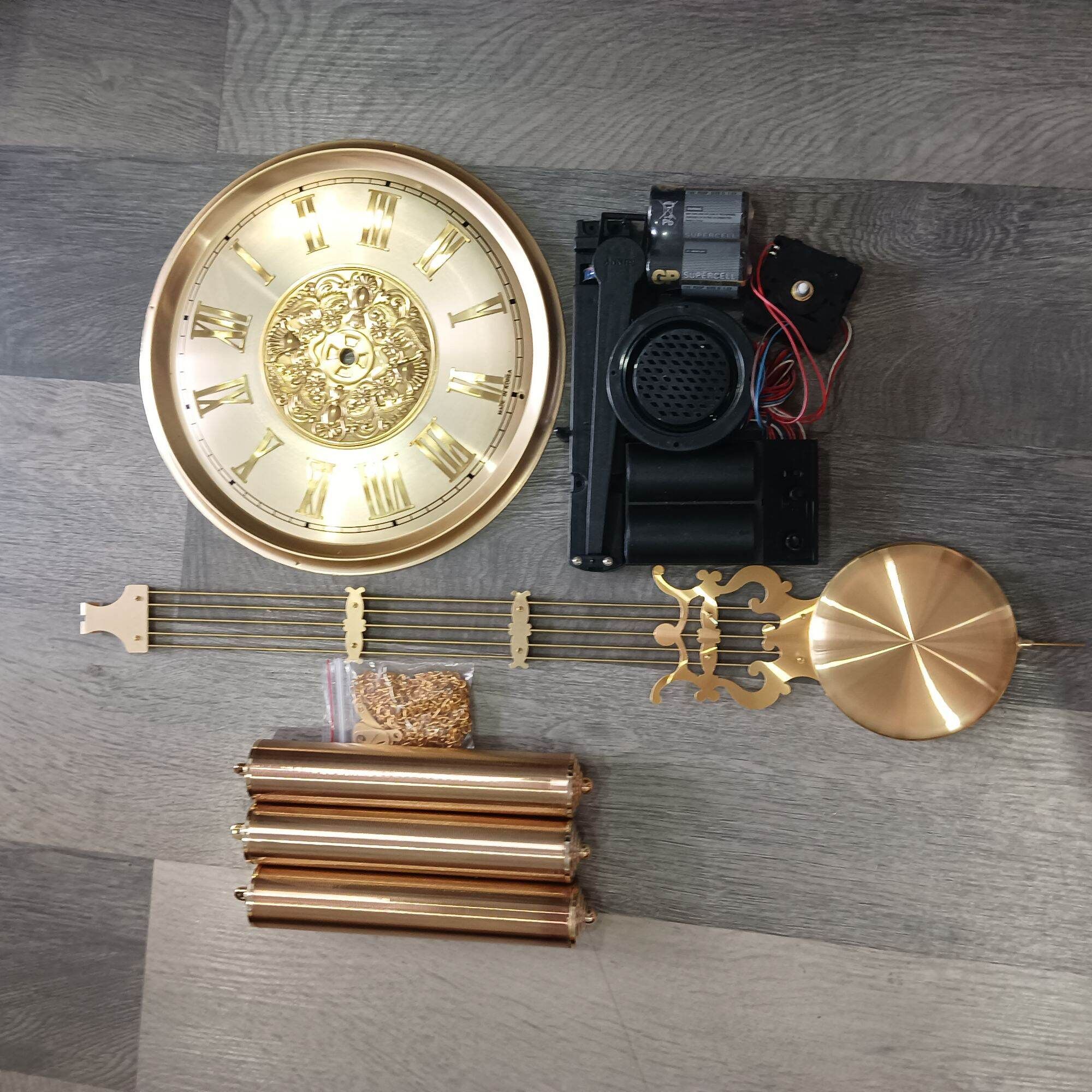  {COMBO 9 món} phụ kiện lắp đồng hồ tủ đứng, gỗ lũa loại mặt nhôm 32cm, cây lắc 90cm 