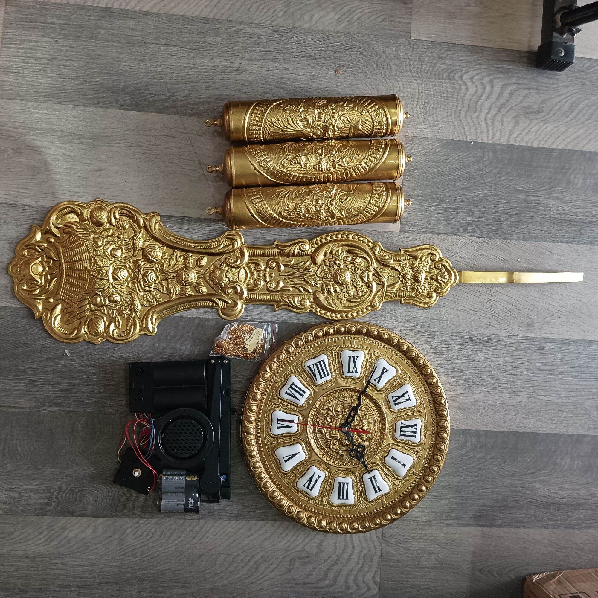  [COMBO 9 MÓN] phụ kiện lắp đồng hồ tủ đứng, đồng hồ gỗ lũa, đồng hồ diy mặt đồng 26cm, lắc đồng 60cm, tạ đồng 