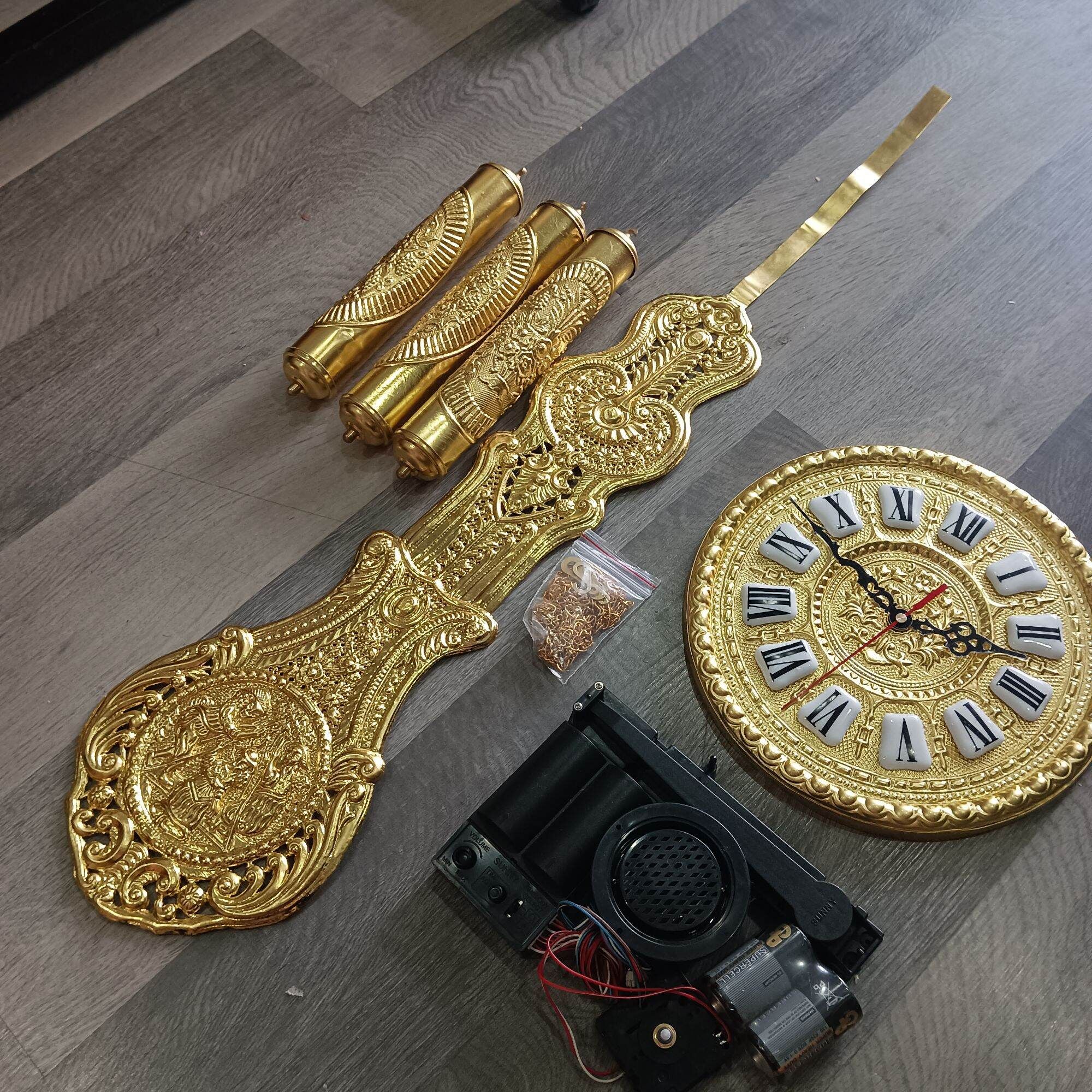  [COMBO 9 MÓN] Phụ kiện bằng đồng lắp đồng hồ tủ đứng, đồng hồ gỗ lũa cỡ lớn, mặt đồng đk 32cm, cây lắc đồng dài 90cm 