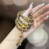  Chuỗi Vòng Trầm Rừng 108 Hạt 6ly Mix Hoa Sen Vàng Trang Sức, Cỏ Bốn Lá, Lu Thống, Ngũ Điếu Thạch Anh Tóc Vàng (Thổ, Kim) 