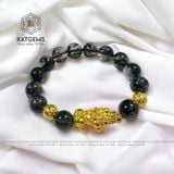  Vòng Đơn Thạch Anh Tóc Đen 12 Ly Mix Tỳ Hưu và Charm Kim Tiền Vàng 10K (Mộc, Thuỷ) 