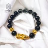  Vòng Đơn Thạch Anh Tóc Đen 12 Ly Mix Tỳ Hưu và Charm Kim Tiền Vàng 10K (Mộc, Thuỷ) 