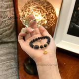  Vòng Đơn Thạch Anh Tóc Đen 7-8ly Mix Lu Thống, Charm Hoa Sen Và Kim Tiền Vàng Trang Sức (Mộc, Thủy) 