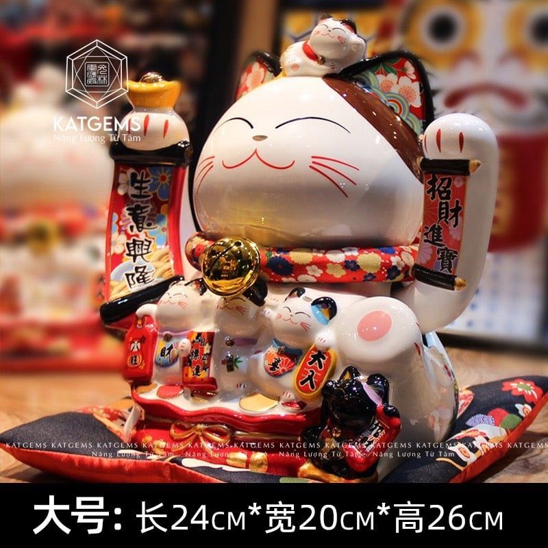  Mèo Thần Tài May Mắn Thu Hút Tài Lộc gốm sứ cao cấp, pin + vẫy tay KT 24x20x26cm 031223 M995 