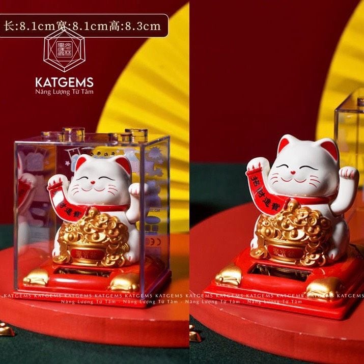  Mèo Thần Tài Vẫy Tay Năng Lượng Mặt Trời hút Tài Lộc KT 8.1x8.1x8.3cm 031123 Nhựa Màu Trắng 