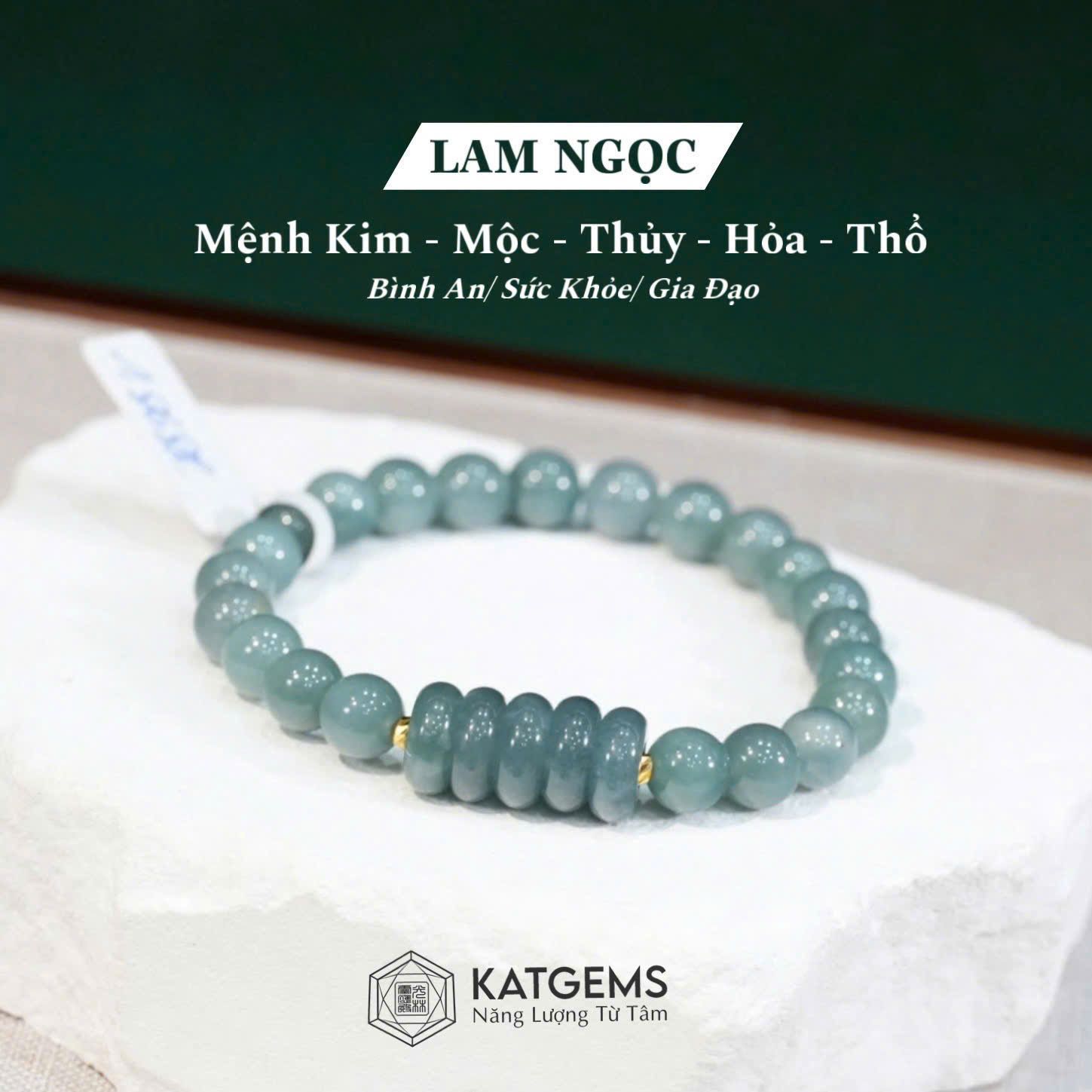  Vòng Đơn Tay Lam Ngọc 7.6ly Ngũ Điếu Mix Bi Vàng 10K (Không Kén Mệnh) 