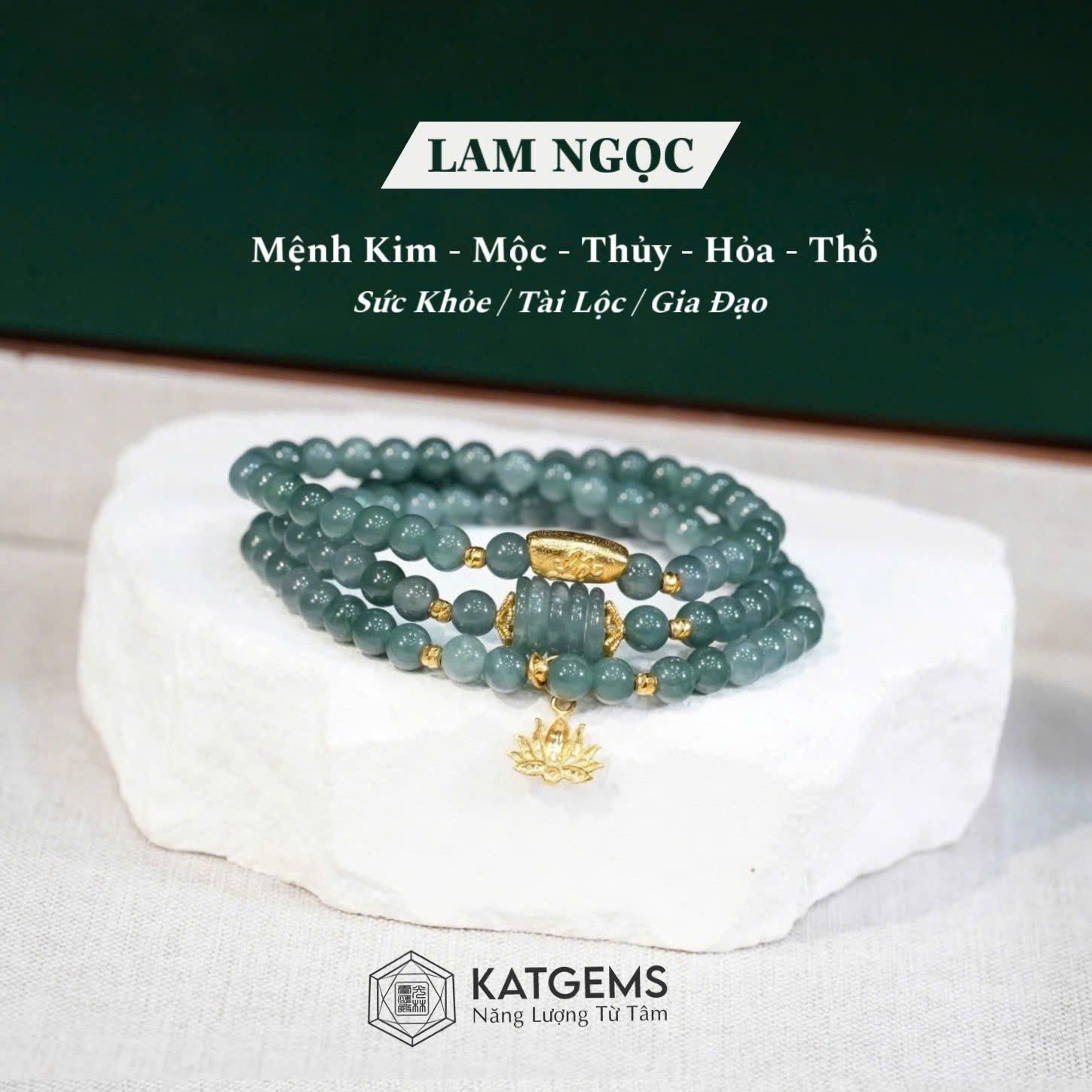  Chuỗi Vòng Lam Ngọc Jade A 4.8ly Mix Ngũ Điếu, Hoa Sen Và Charm Vàng Trang Sức (Không Kén Mệnh) 2-126004 