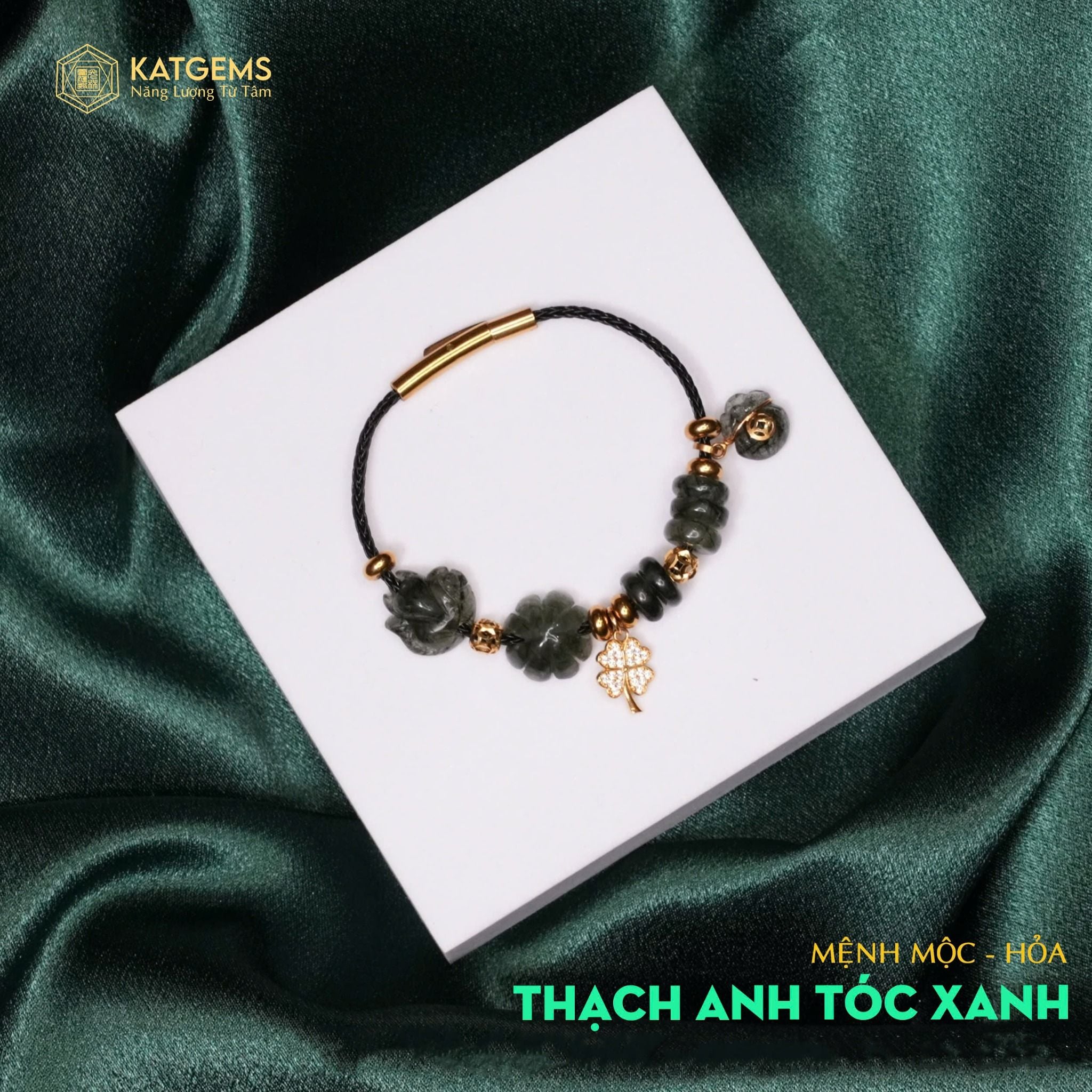  Vòng Dây Cáp Thạch Anh Tóc Xanh Hồ Ly Mix Ngũ Điếu Và Charm Cỏ Bốn Lá, Túi Tài Lộc Và Bi Kim Tiền Vàng Trang Sức (Mộc, Hỏa) 