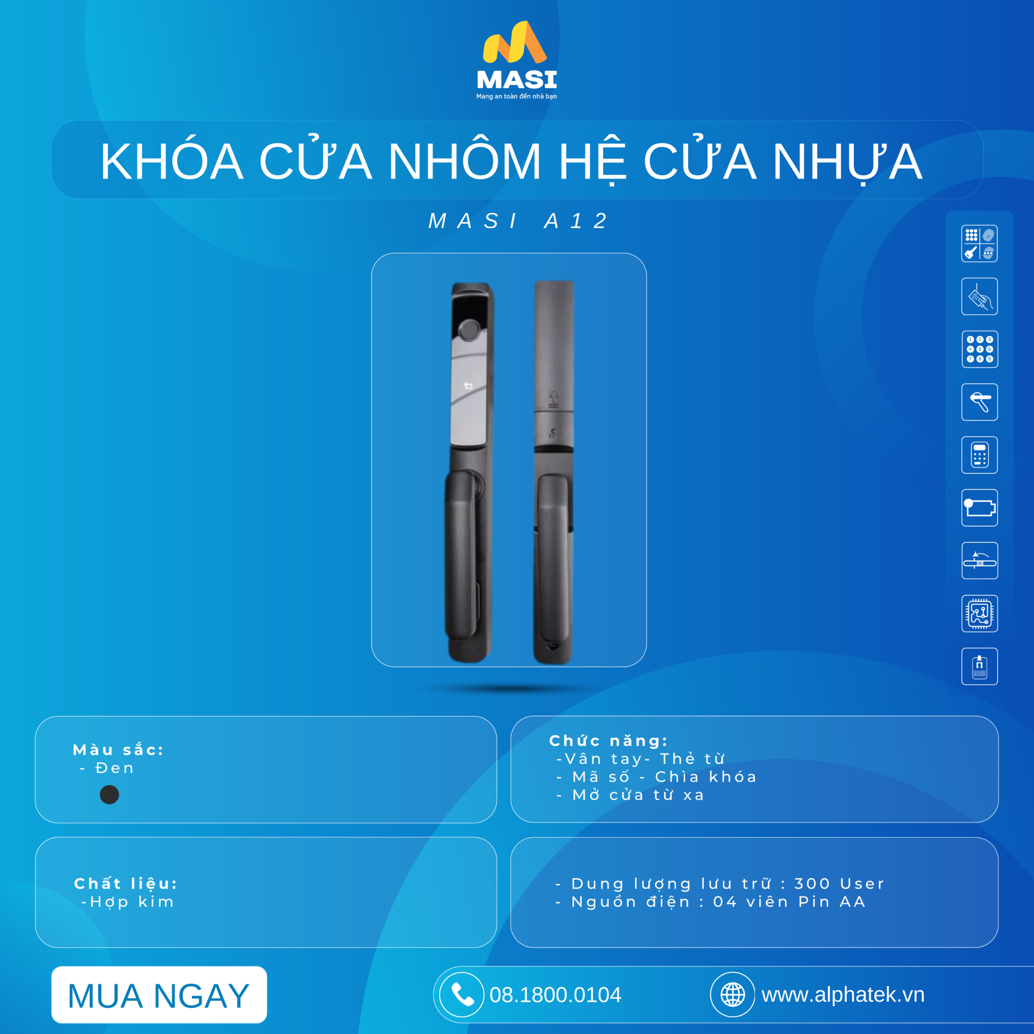  Khóa Cửa Nhôm Hệ /Cửa Nhựa MASI A12 