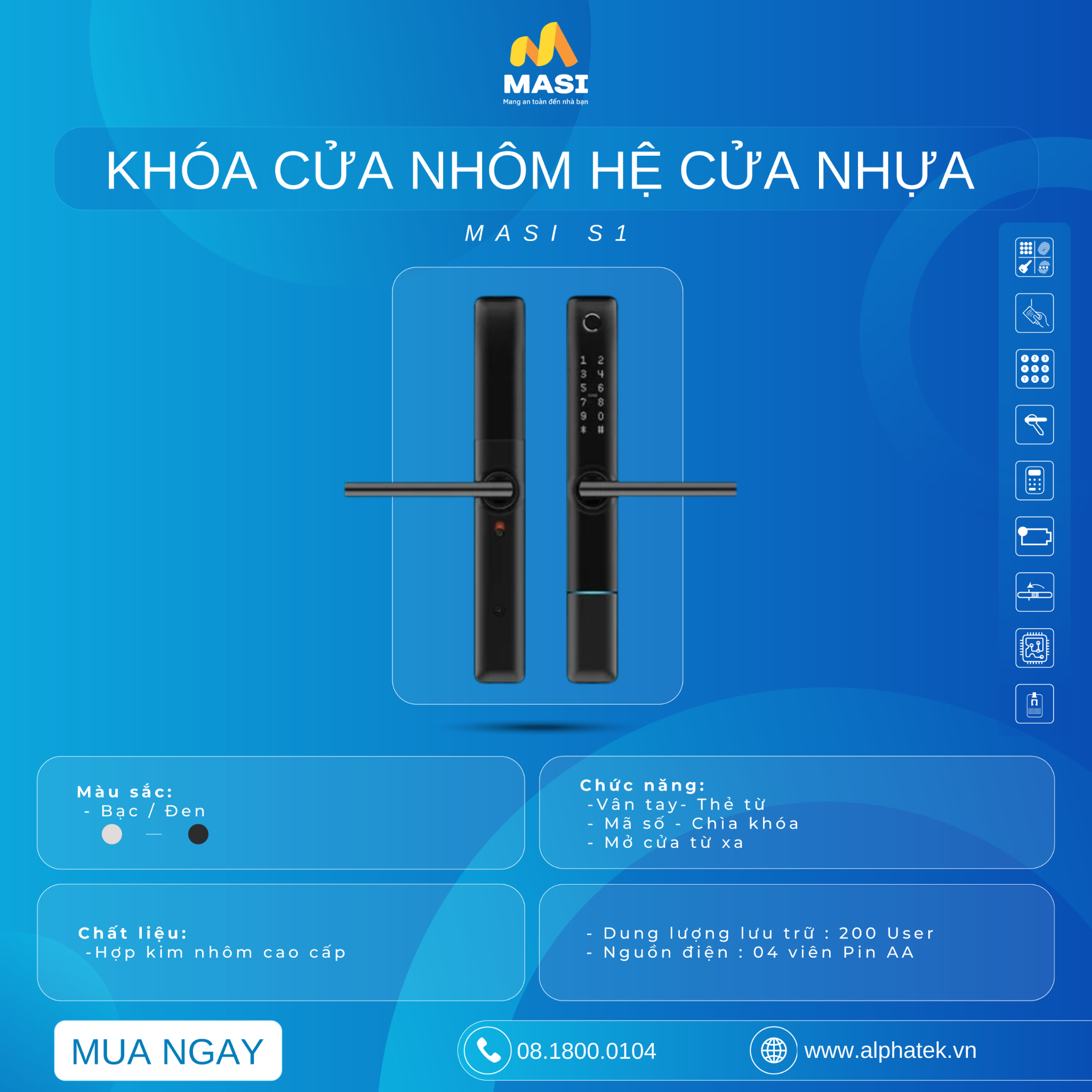  Khóa Cửa Nhôm Hệ /Cửa Nhựa MASI S1 