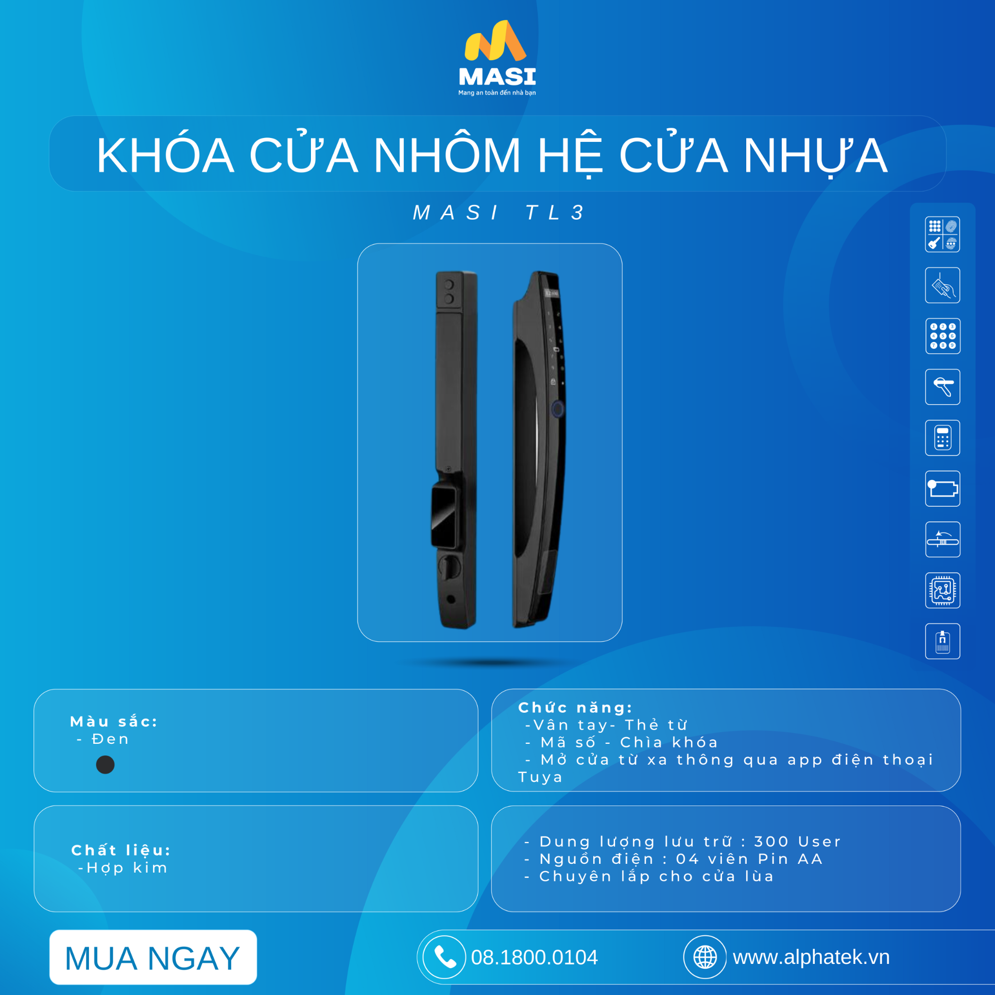  Khóa Cửa Nhôm Hệ /Cửa Nhựa MASI TL3 