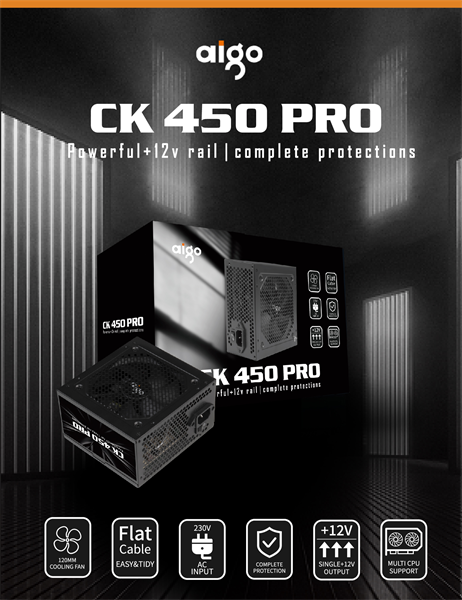 BỘ NGUỒN MÁY TÍNH AIGO MODEL CK450 PRO 450W (DÂY CÁP ĐEN DẸP)