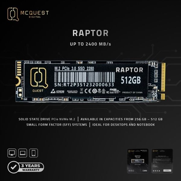 SSD MCQUEST RAPTOR 256Gb PCLE NVME M2 UP TO 2400MBs