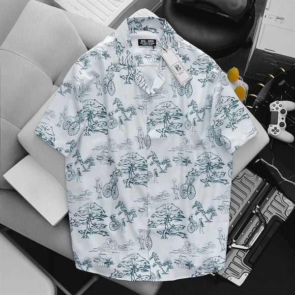 Áo sơ mi tay ngắn cổ đăng/ cổ vest họa tiết xe kéo xanh bigsize nam< 140 kg
