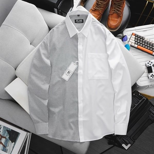 Áo sơ mi tay dài sọc dọc phối thời trang vải lụa oxford cao cấp bigsize nam < 140kg