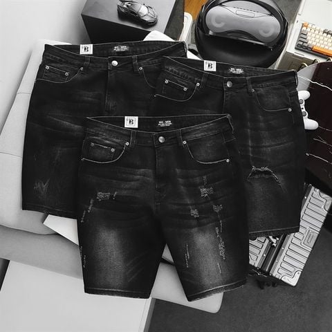 Quần short jean đen wash thời trang 85-130kg (Mẫu 12)