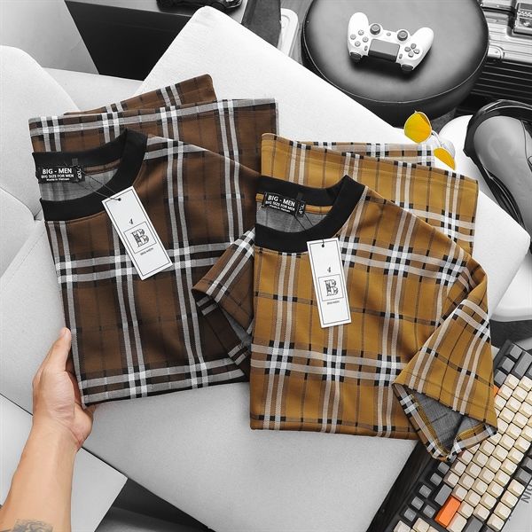 Áo thun cổ tròn phối sọc caro thời trang cỡ đại (Mẫu 30)