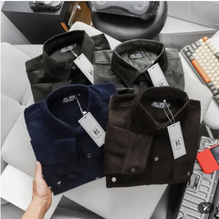 Áo sơ mi tay dài phối túi vải nhung tăm thời trang cỡ đại bigsize nam < 140kg