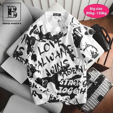 [ Big Men] Áo thun cotton họa tiết in lụa toàn phối chữ trắng 85- 135 kg_ Love