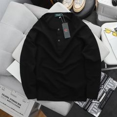 Áo thun tay dài màu đen trơn phối nút cài unisex chất vải gân poly (Mẫu 4)
