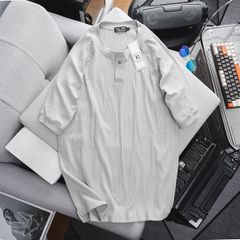 Áo thun cổ tròn vải sọc gân cài nút thời trang (Mẫu 28)