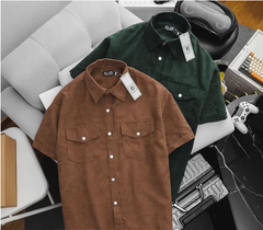 Áo sơ mi tay ngắn unisex phối túi vải nhung tăm thời trang 85-140kg