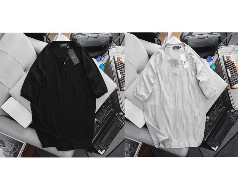 Áo thun cổ tròn vải sọc gân cài nút thời trang (Mẫu 28)