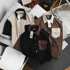 Áo sơ mi tay ngắn unisex phối túi vải nhung tăm thời trang 85-140kg